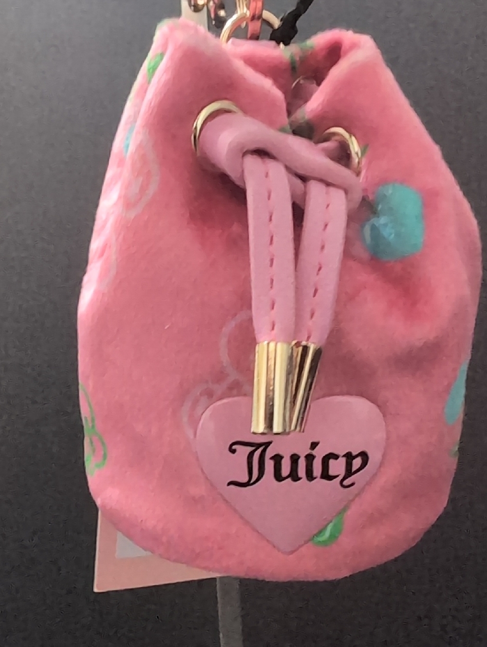 NWT,Juicy Couture Velour Micro Bag And Pouch Set In Pink with Cherry Print. - Picture 6 of 11